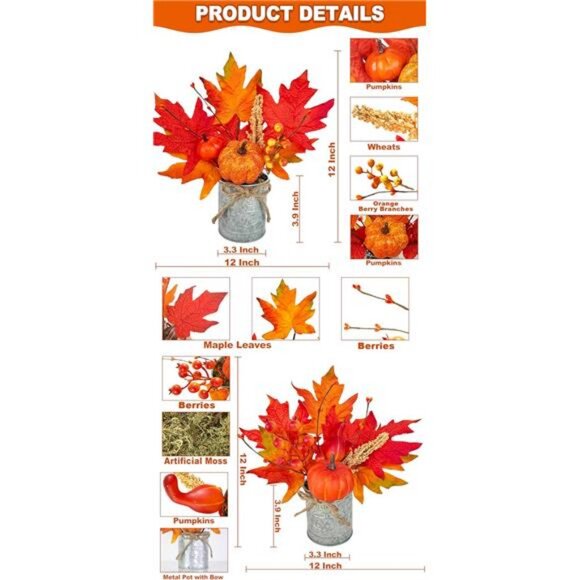 2 Pack 12" Fall Decorations Fall Centerpieces for Tables Thanksgiving - Picture 3 of 7